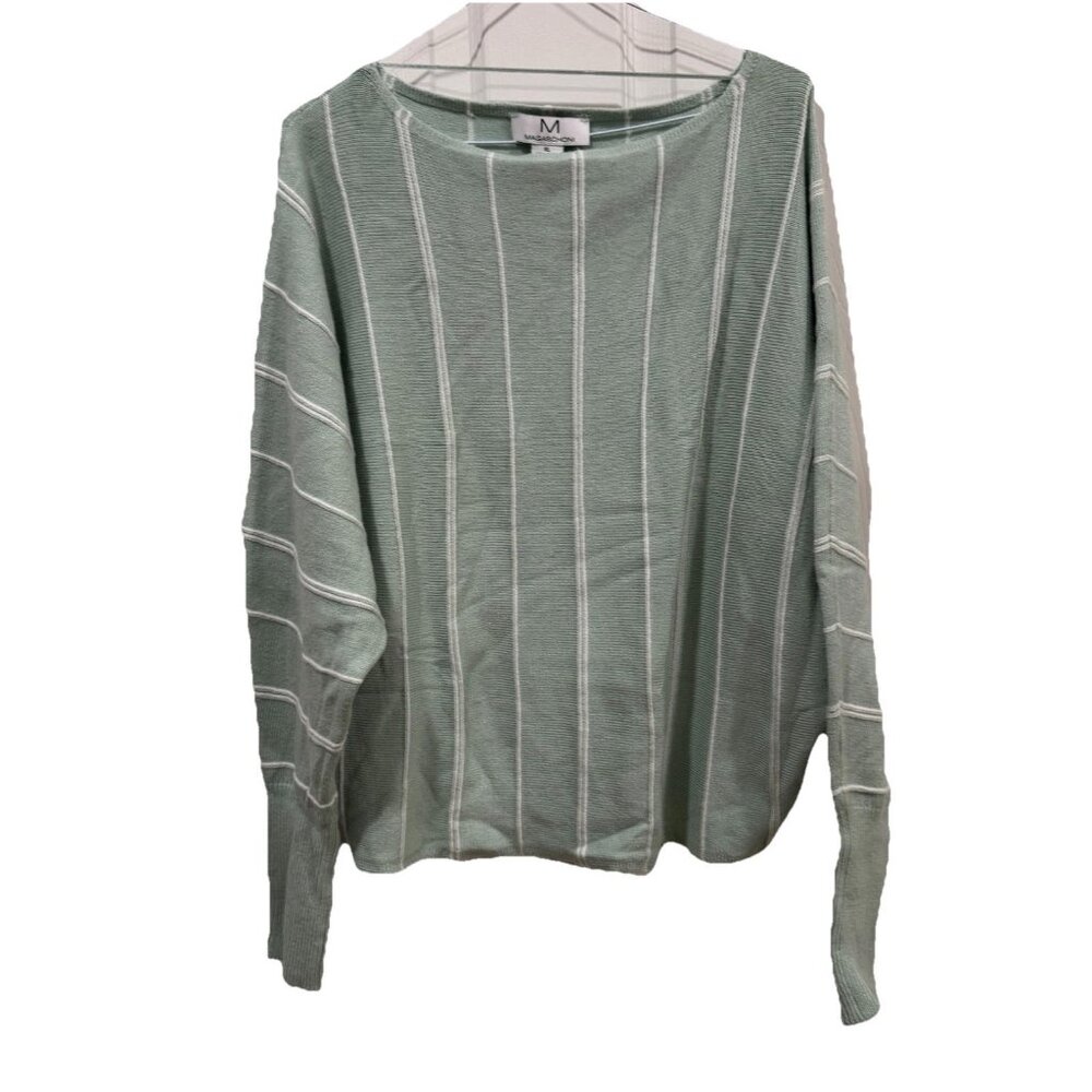 Magaschoni Sweater Womens XL Green White Stripe Long Sleeve Viscose Blend Spring